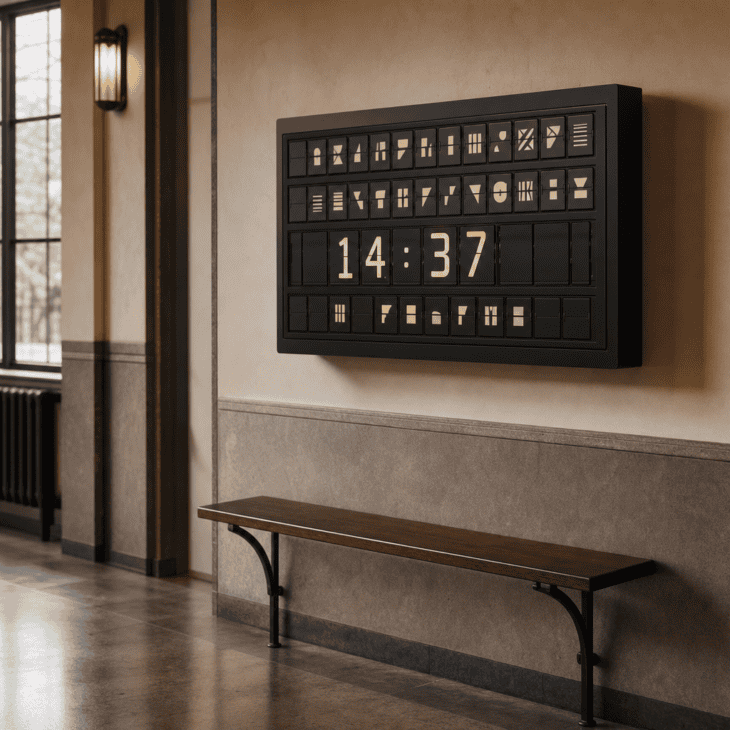 A split-flap departure clock ticks over the entryway bench.