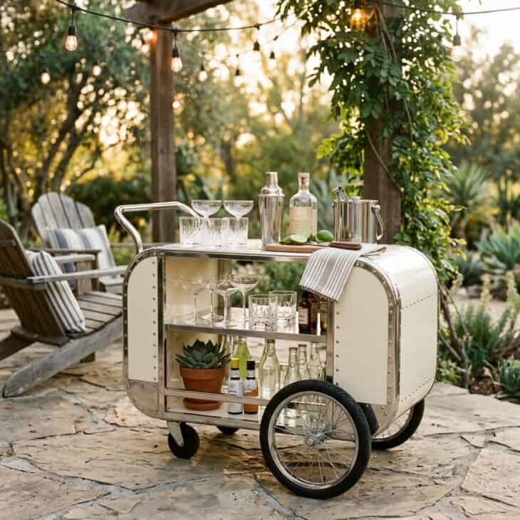 A riveted, Airstream-styled bar cart is ready for golden-hour drinks on the patio.