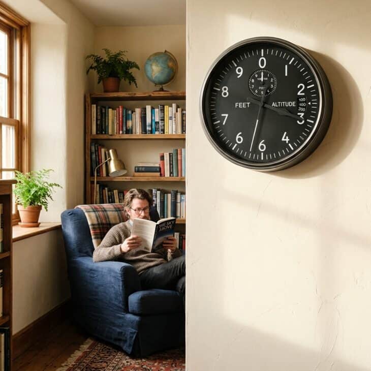 An altimeter-style face brings cockpit design into a room more quietly than a poster.