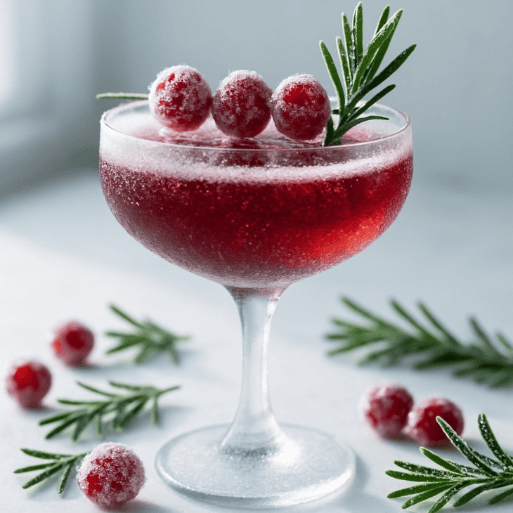 Sugared cranberries on a rosemary pick dress up an alcohol-free flute for winter parties.
