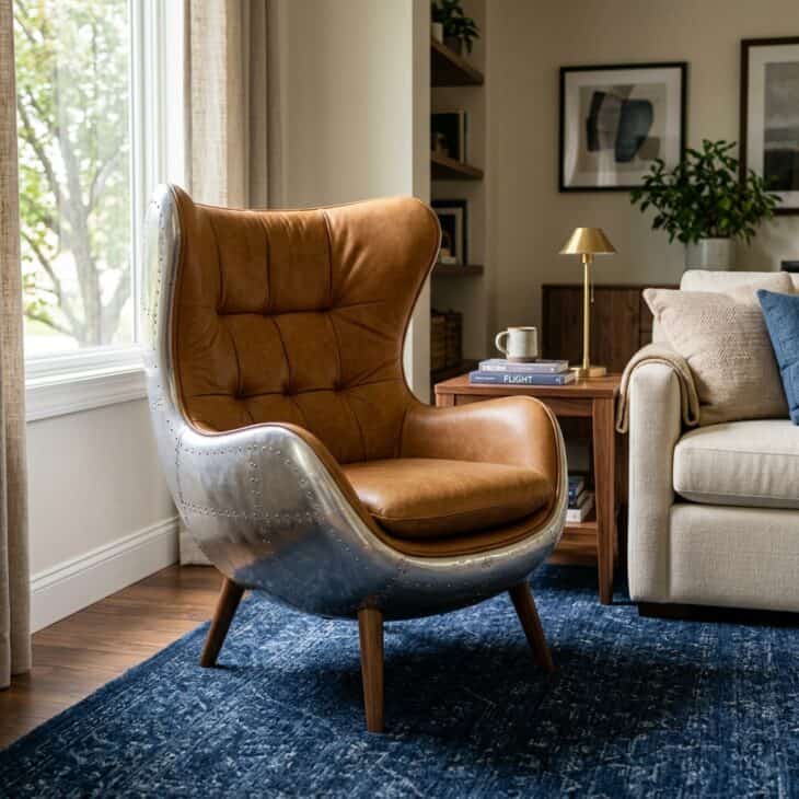 A padded aluminum-shell chair introduces aircraft material in a form made for daily comfort.