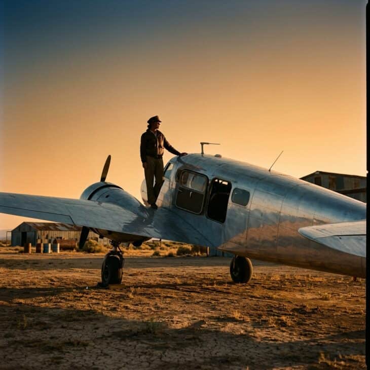 Silver twin-engine vintage monoplane parked on a sun-baked airfield