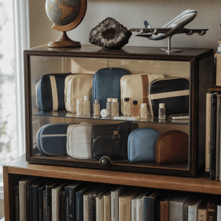 A small glass-front box organizes a growing amenity kit collection by size.
