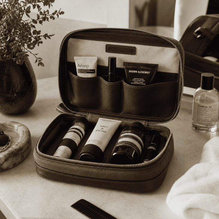 A zippered amenity-kit-style pouch keeps nightstand skincare and grooming items tidy.
