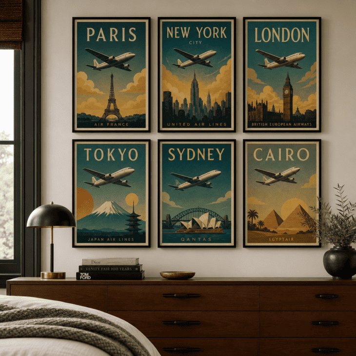 A grid of art deco travel posters brings graphic color above the dresser.