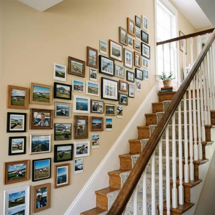 A loosely ascending photo arrangement follows the staircase without forcing a strict line.