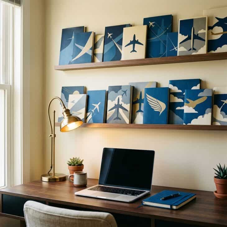 Face-forward book ledges turn a working aviation library into changeable wall art.