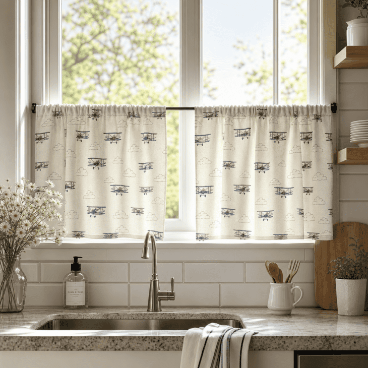 Biplane-print cafe curtains filter morning light above the kitchen sink.