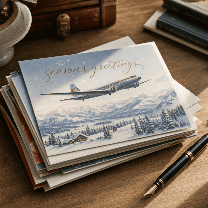 A stack of holiday cards illustrated with a small airliner over a snowy landscape.