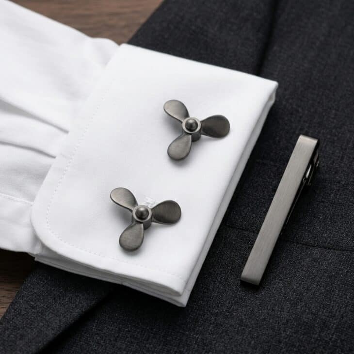 A subtle propeller motif reads as sharp rather than themed at formal events.