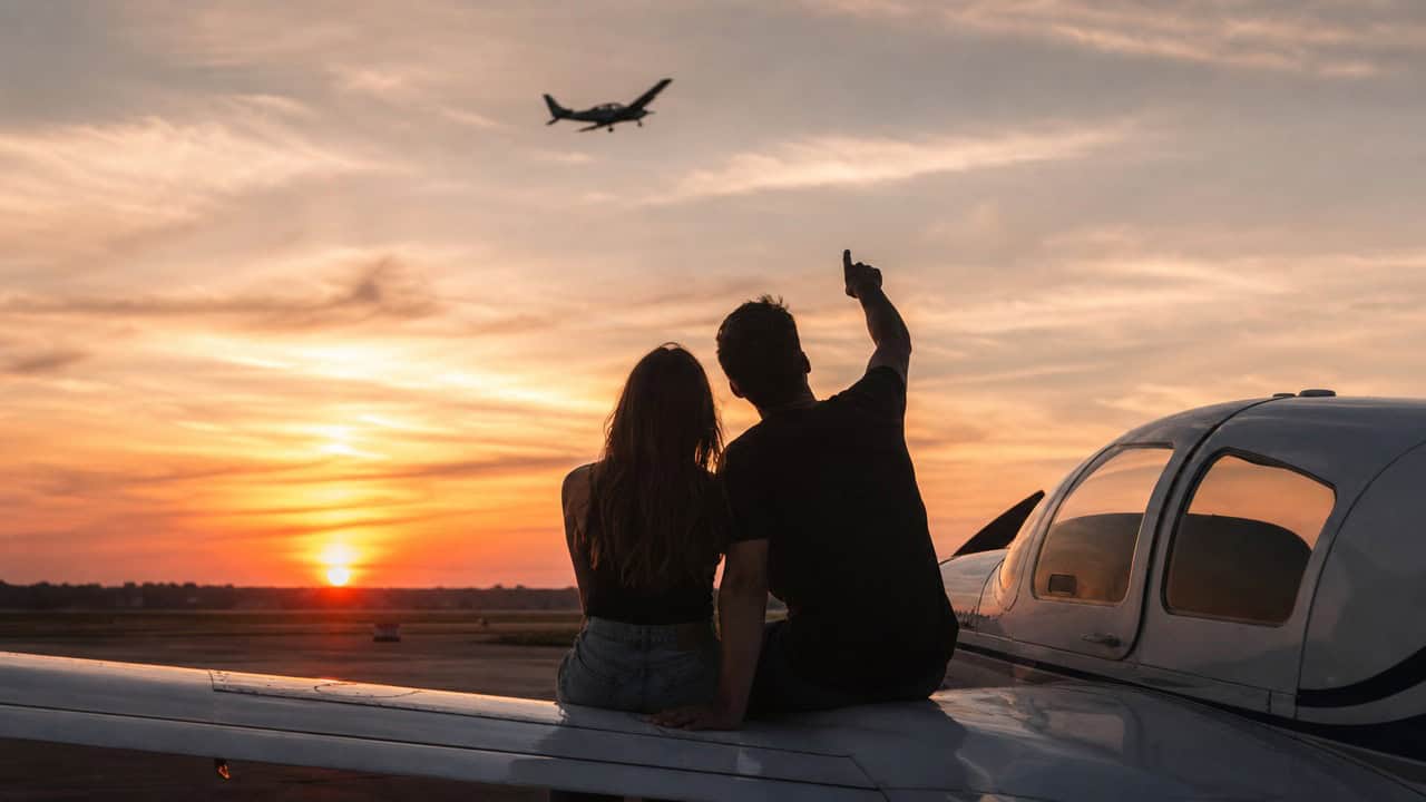 Couple sitting on the wing root of a small aircraft at sunset, pointing up at a plane passing overhead