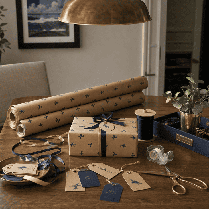 Kraft paper printed with a repeating airplane pattern anchors a holiday wrapping station.