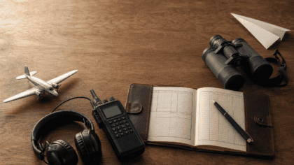 Flat-lay of aviation hobby gear including a model airplane, radio scanner, logbook, and binoculars