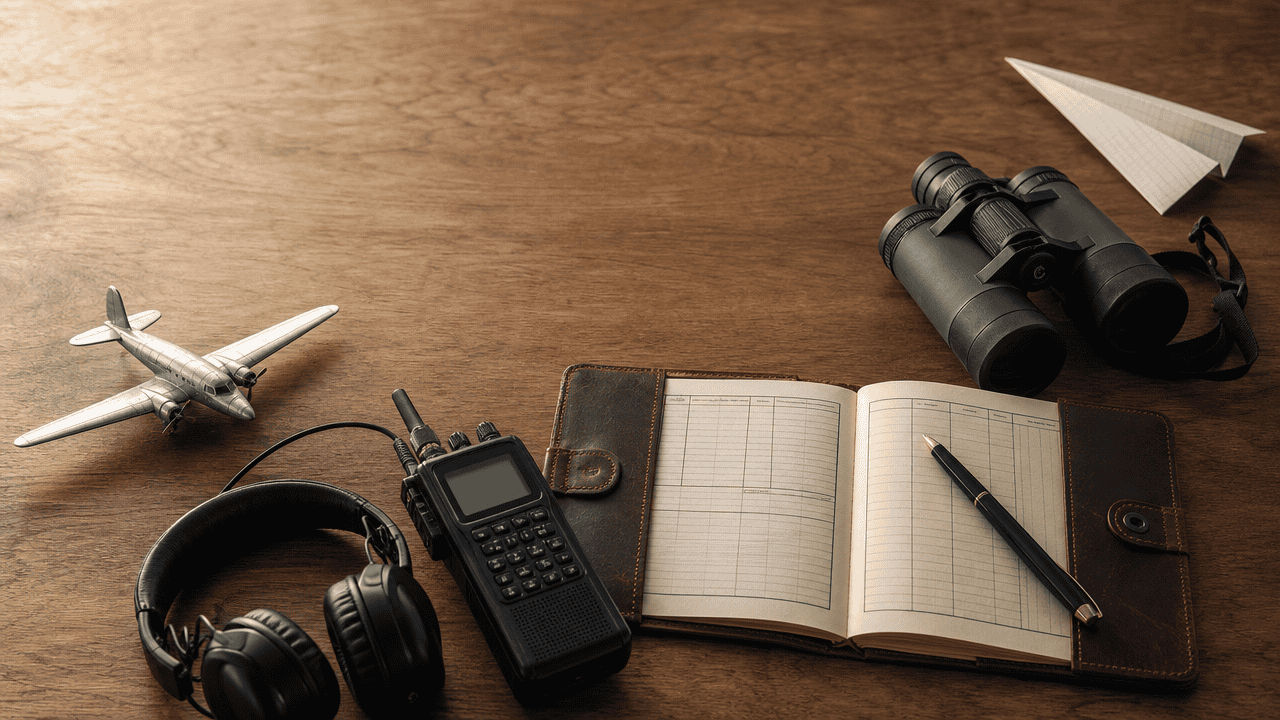 Flat-lay of aviation hobby gear including a model airplane, radio scanner, logbook, and binoculars