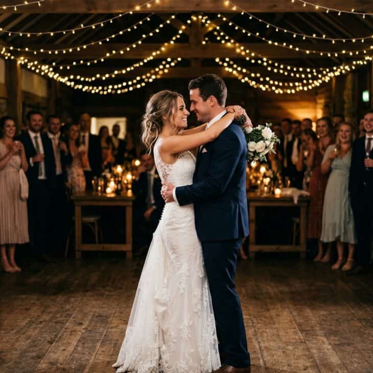 The couple shares a first dance under a canopy of warm string lights.