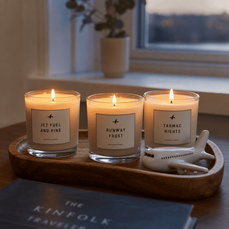 A trio of aviation-themed candles arranged on a wooden tray for the mantel or console.