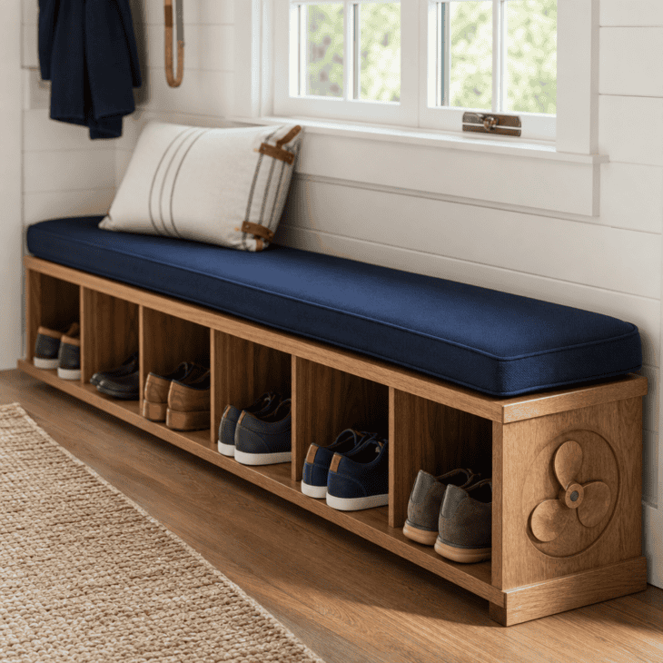 A cubby bench keeps the household's shoes organized by the door.