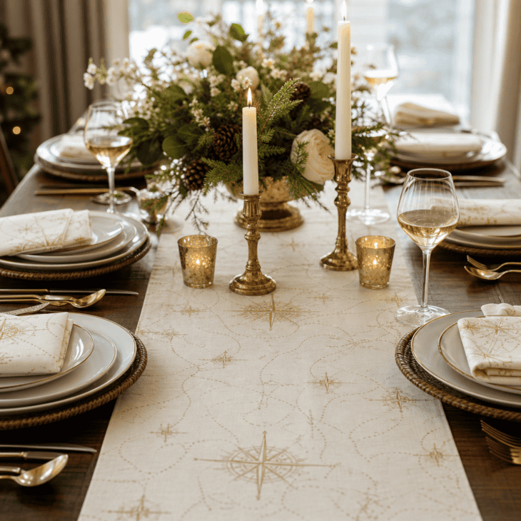 A linen runner printed with a compass rose and flight path pattern dresses the holiday table.