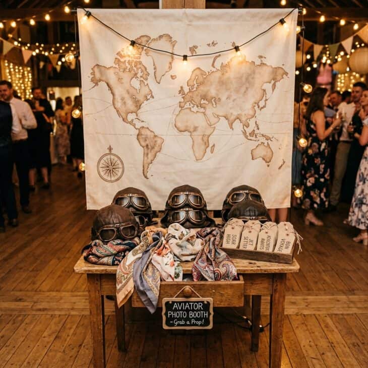 Leather aviator caps and silk scarves wait on the photo booth prop table.