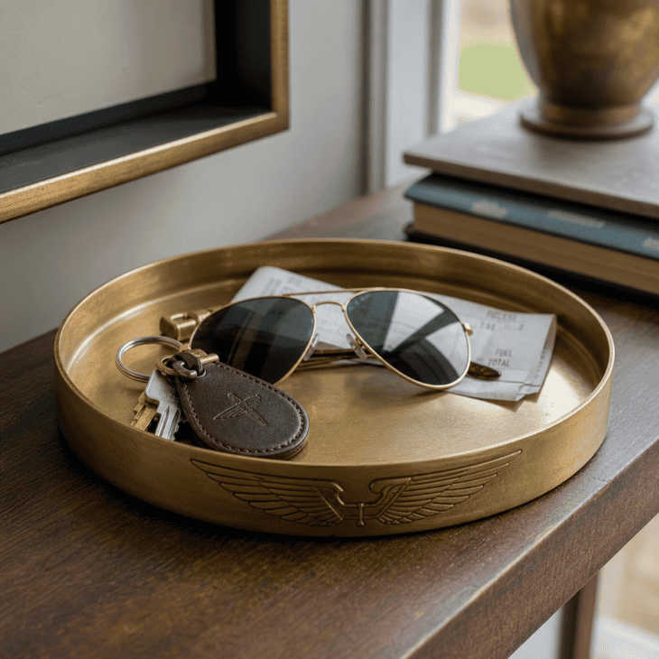 A wing-embossed catch-all tray corrals keys and sunglasses by the door.