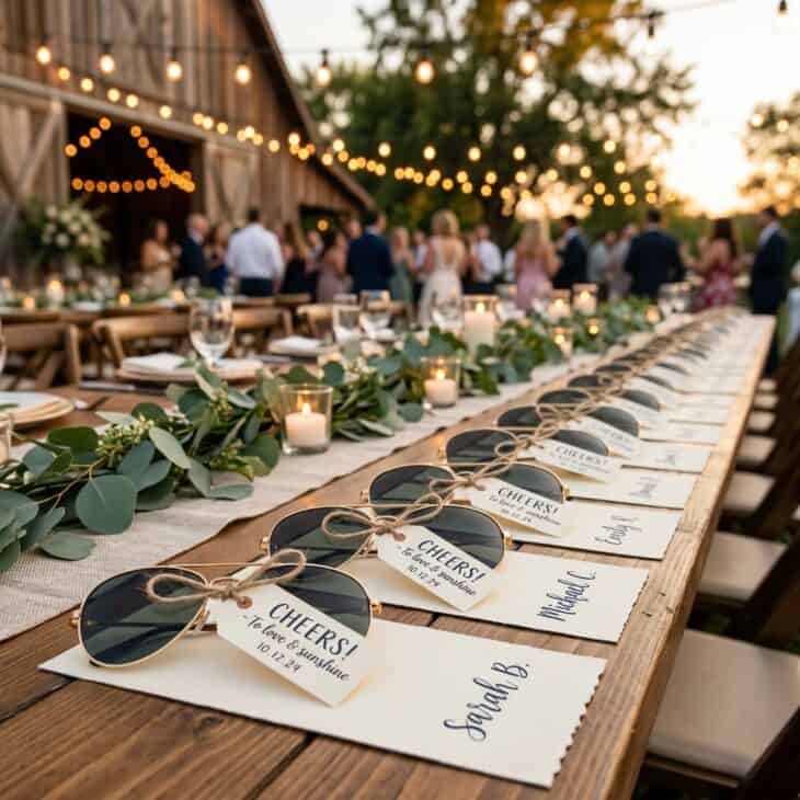 Gold-frame aviator sunglasses double as favors and place cards.