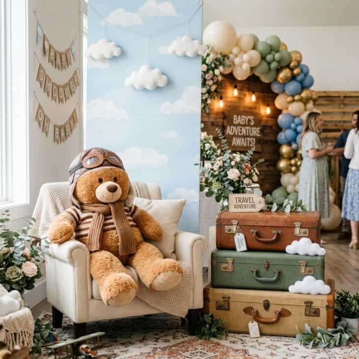 An aviator teddy gives the photo corner a charming, baby-centered focal point.