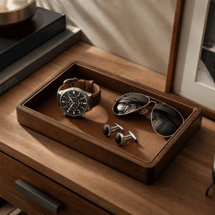 A leather-lined valet tray keeps a watch and aviators within easy reach.