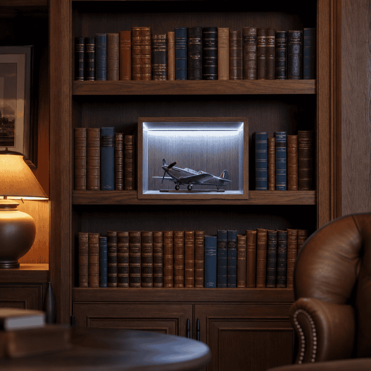 A single lit niche gives one small model its own frame within the books.
