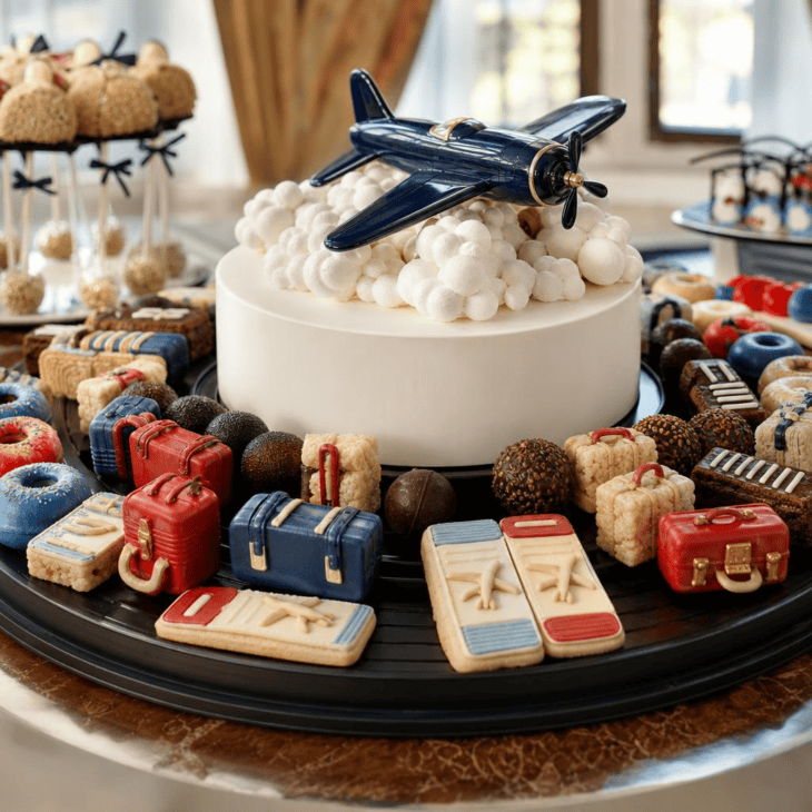 A circular dessert board gathers the smaller aviation sweets into one finale.