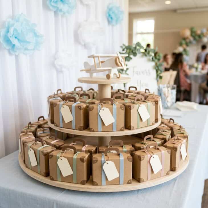 Suitcase favor boxes give guests one final baggage claim moment on the way home.