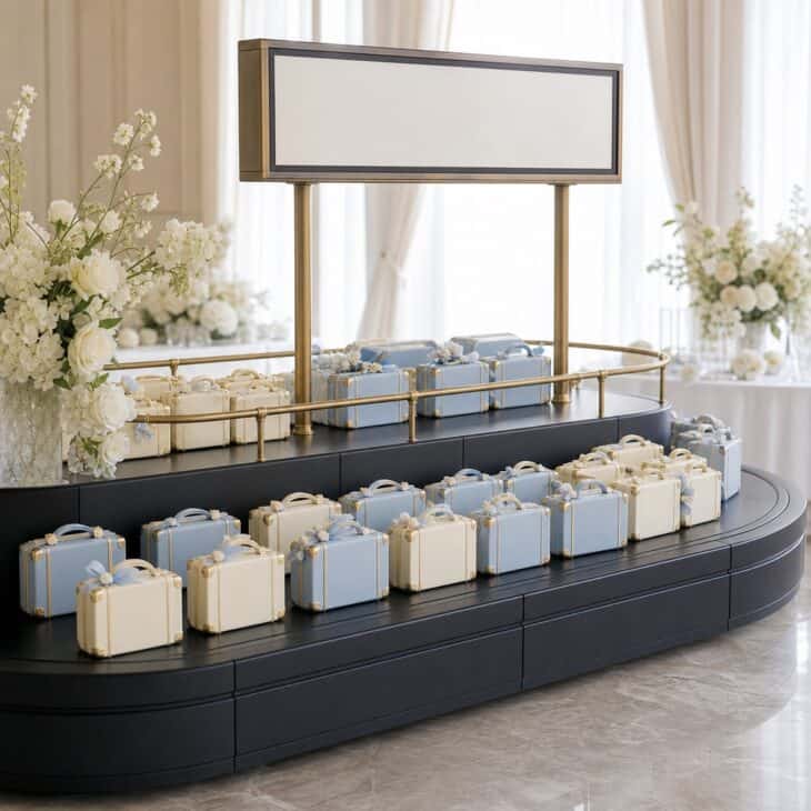 A baggage claim display turns favor pickup into one last themed moment.