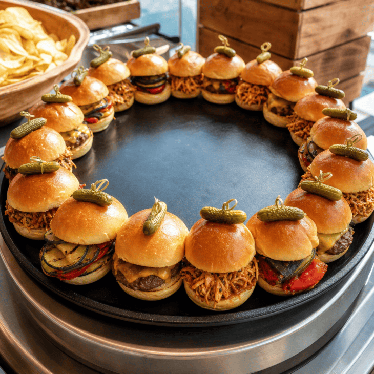 A round platter turns a tray of sliders into a playful baggage carousel.