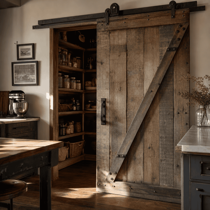 A weathered barnwood slider stands in for the pantry door, hangar-style.