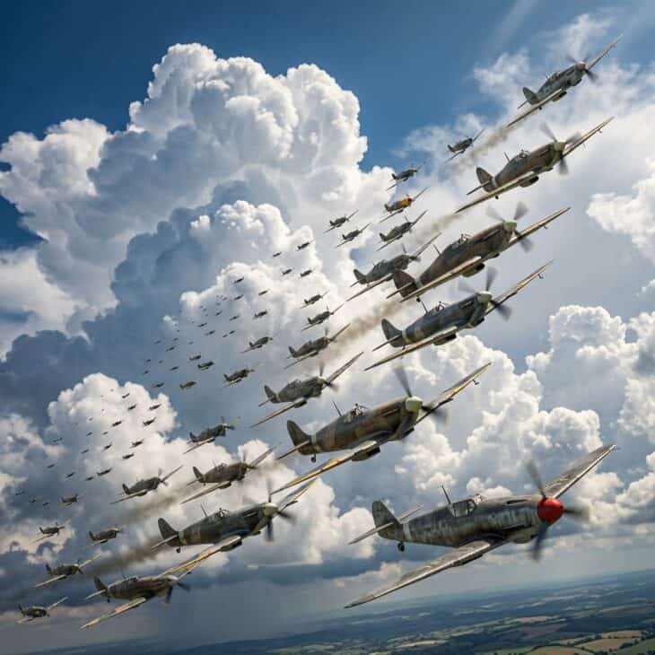 Large formation of vintage fighter aircraft climbing against a dramatic summer sky