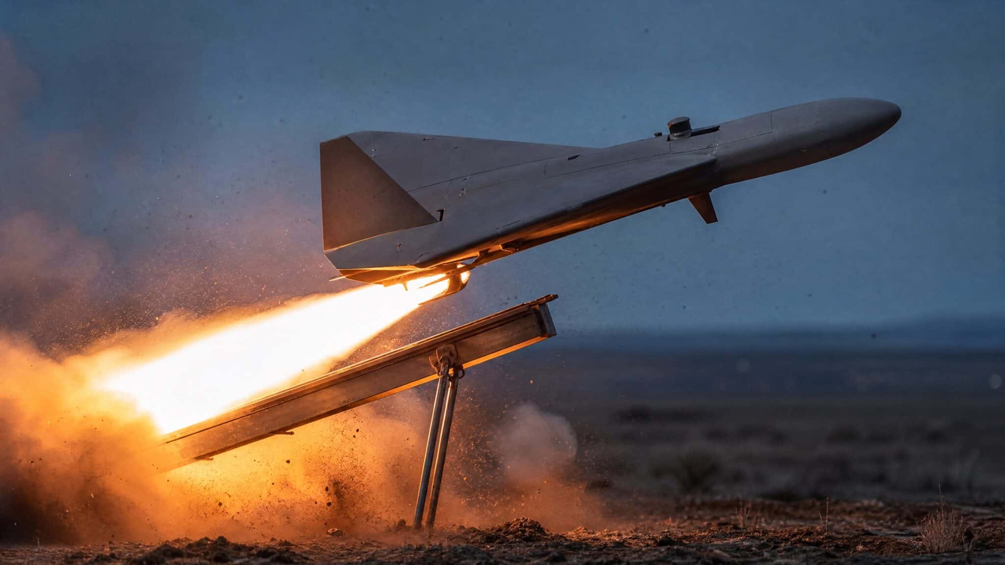 Illustration of a delta-wing kamikaze drone leaving an inclined rail launcher under rocket boost at dawn