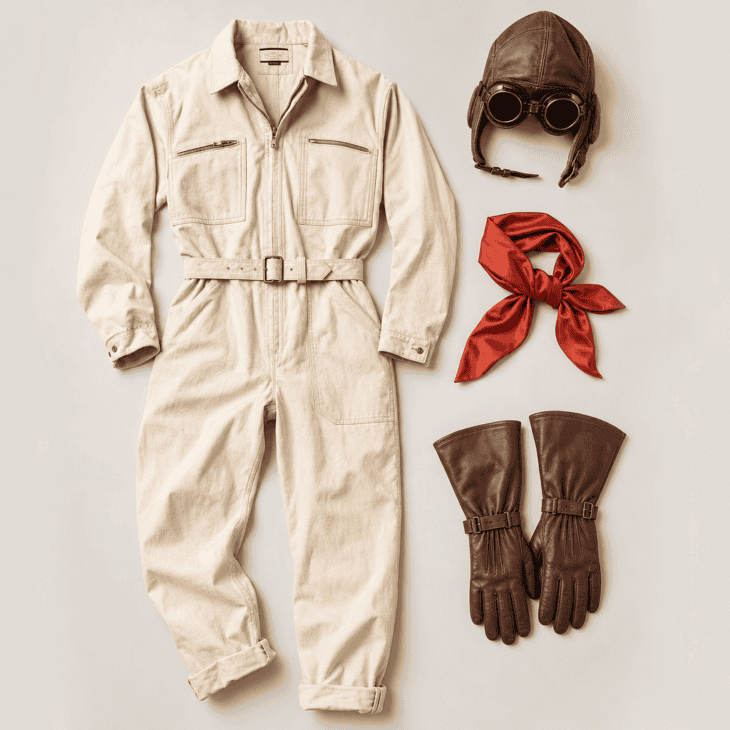 A cream canvas coverall with a leather helmet, goggles, and a red silk scarf.