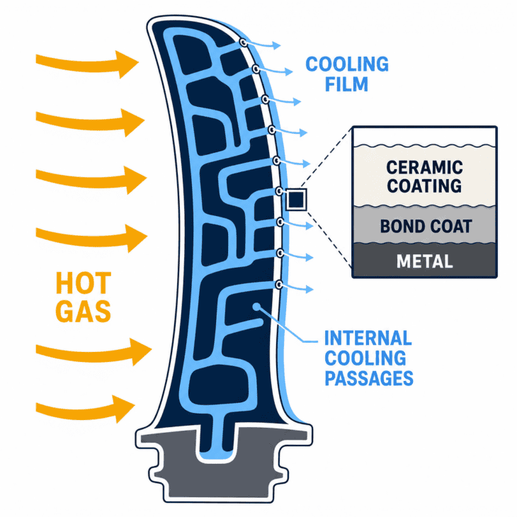 Compressor air is piped through the hollow blade and out through hundreds of holes, forming a film that keeps the hottest gas off the metal.