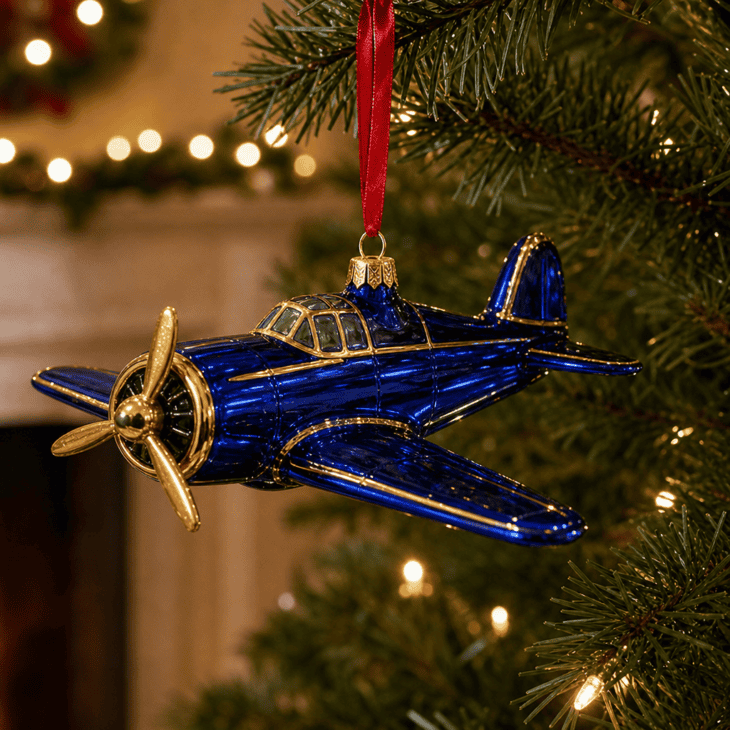 A hand-blown glass propeller plane in cobalt and gold catches the tree lights.