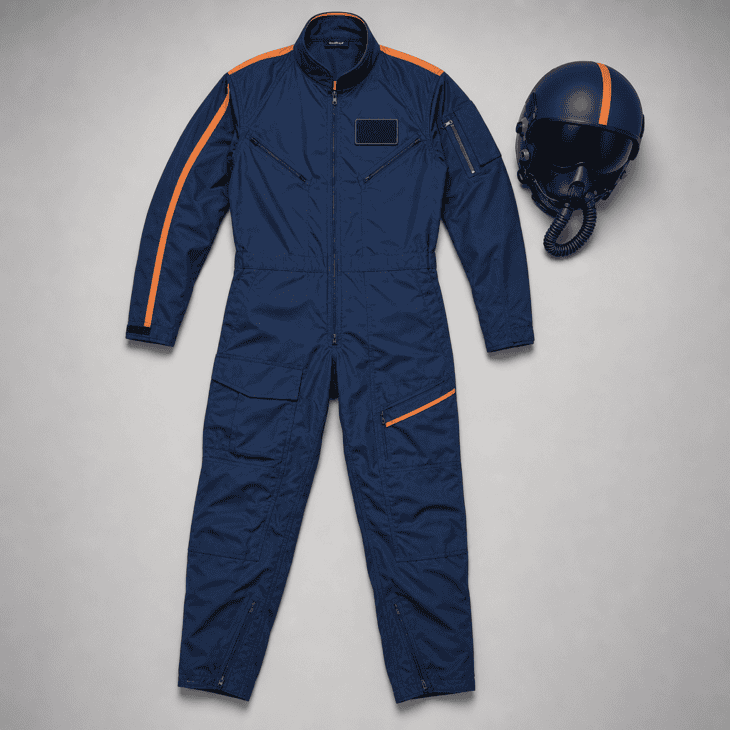 A navy one-piece flight suit with orange piping and a matching helmet.