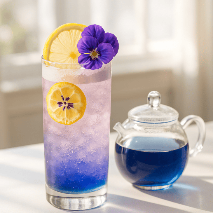 Butterfly pea tea turns from blue to pink when the acidic lemon hits it.