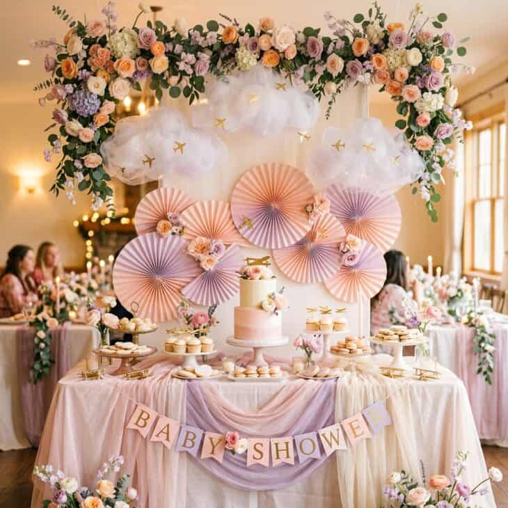 Blush, peach, and lavender turn the aviation theme into a dreamy sunset flight.