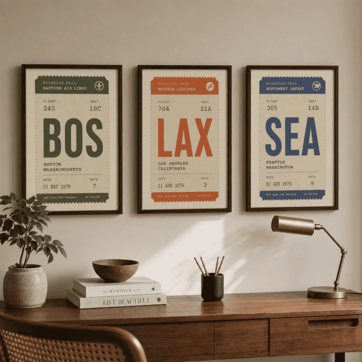 A trio of boarding-pass-style prints hangs in a tidy row above the dresser.