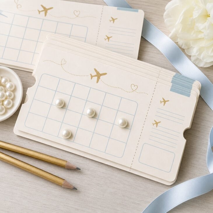 Boarding pass bingo keeps guests engaged during gift opening.