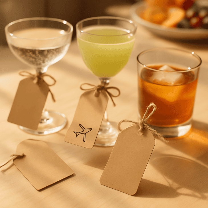 A clipped-corner tag on the stem tells guests which drink is theirs.