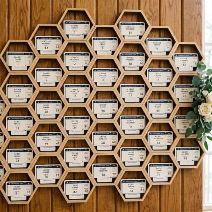 Guest names appear on a wall of boarding pass style escort cards.
