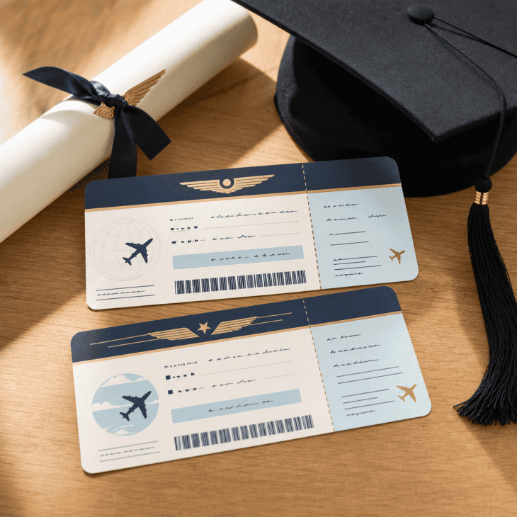 Boarding pass invitations establish the aviation theme before guests arrive.
