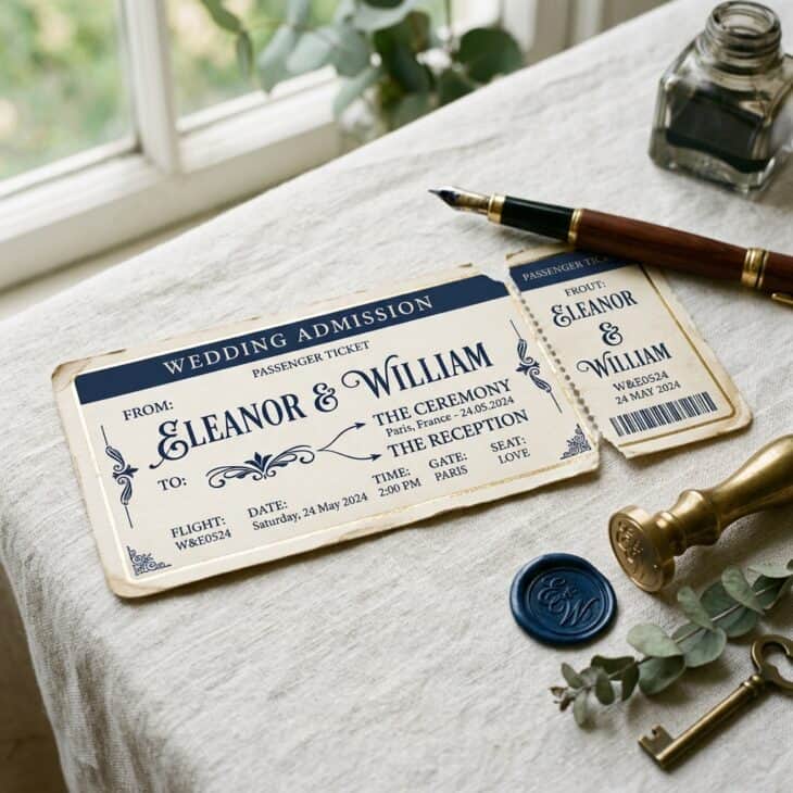 A boarding pass invitation with a tear-off stub and gold foil trim.