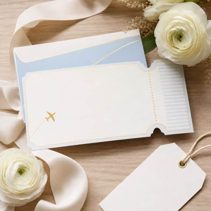 Boarding pass invitations introduce the flight theme with a polished first impression.