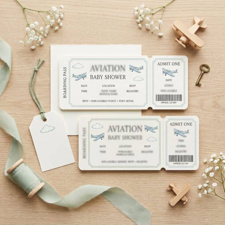 Boarding pass invitations set the aviation theme before guests even arrive.