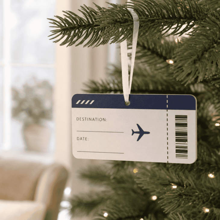 A boarding-pass-style ornament leaves blank fields ready for a real trip's details.
